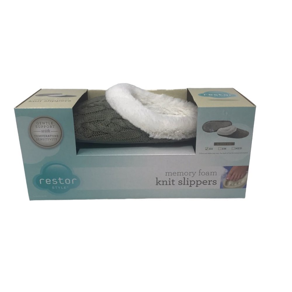 Restor Style Women Gray White Fleece Memory Foam Knit Slipper Extra Small 5-6 XS